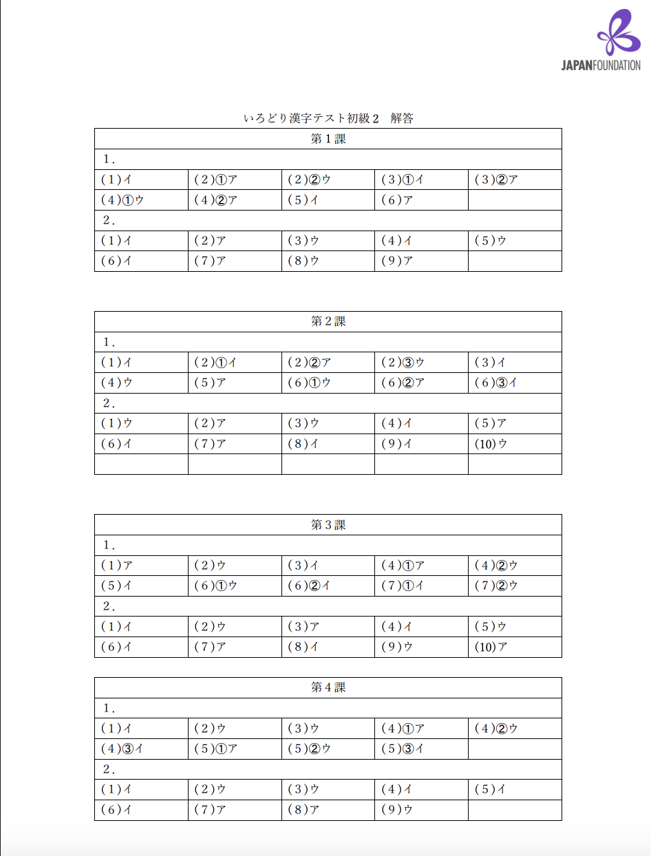 漢字テスト_初級2_（解答）តេស្តកាន់ជិ ភាគ២ (ចម្លើយ)