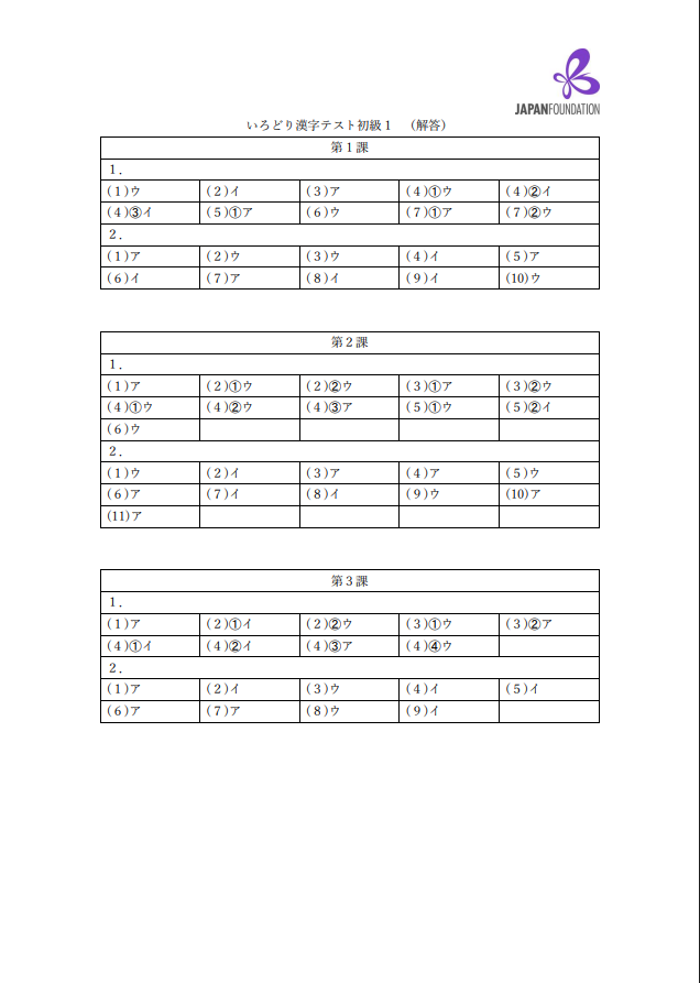 漢字テスト_初級1_（解答）តេស្តកាន់ជិ ភាគ១ (ចម្លើយ)